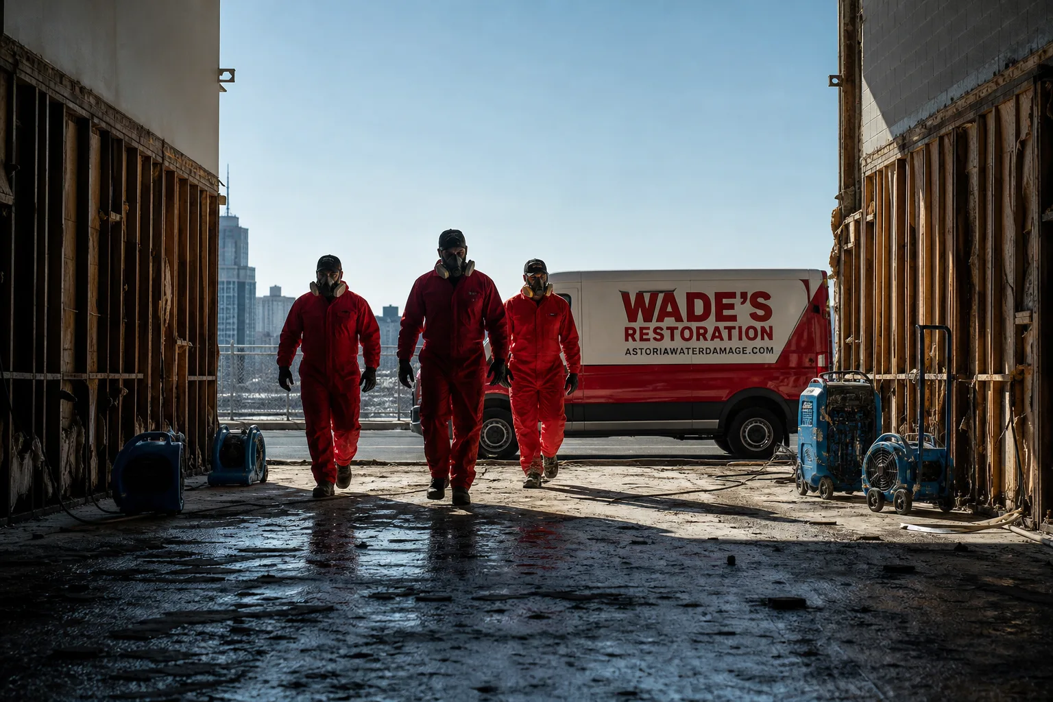 Wade's Restoration damage restoration service vehicle and crew in Astoria, NY
